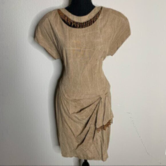 Scarlett Rare 70s Vintage Tigh Length Faux Wrap Beaded Ruching Dress - Picture 7 of 14